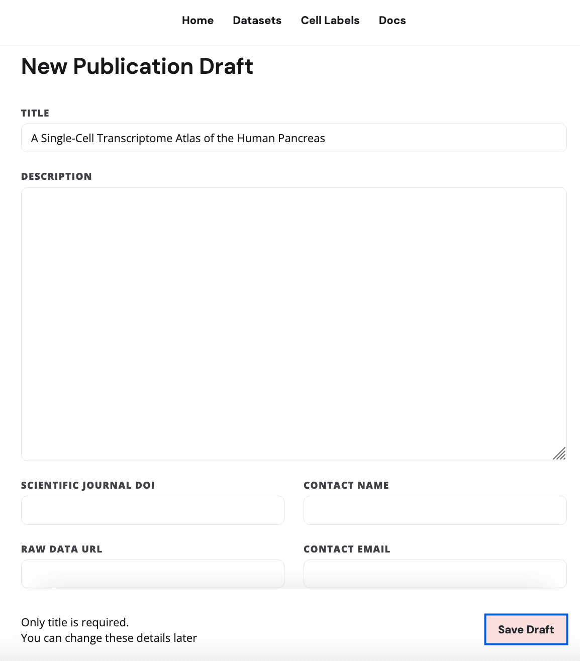 Create draft publication screen with a form prompting for a draft publication name and description.