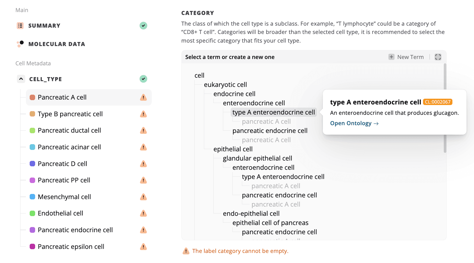 Existing category term with the ontology preview.