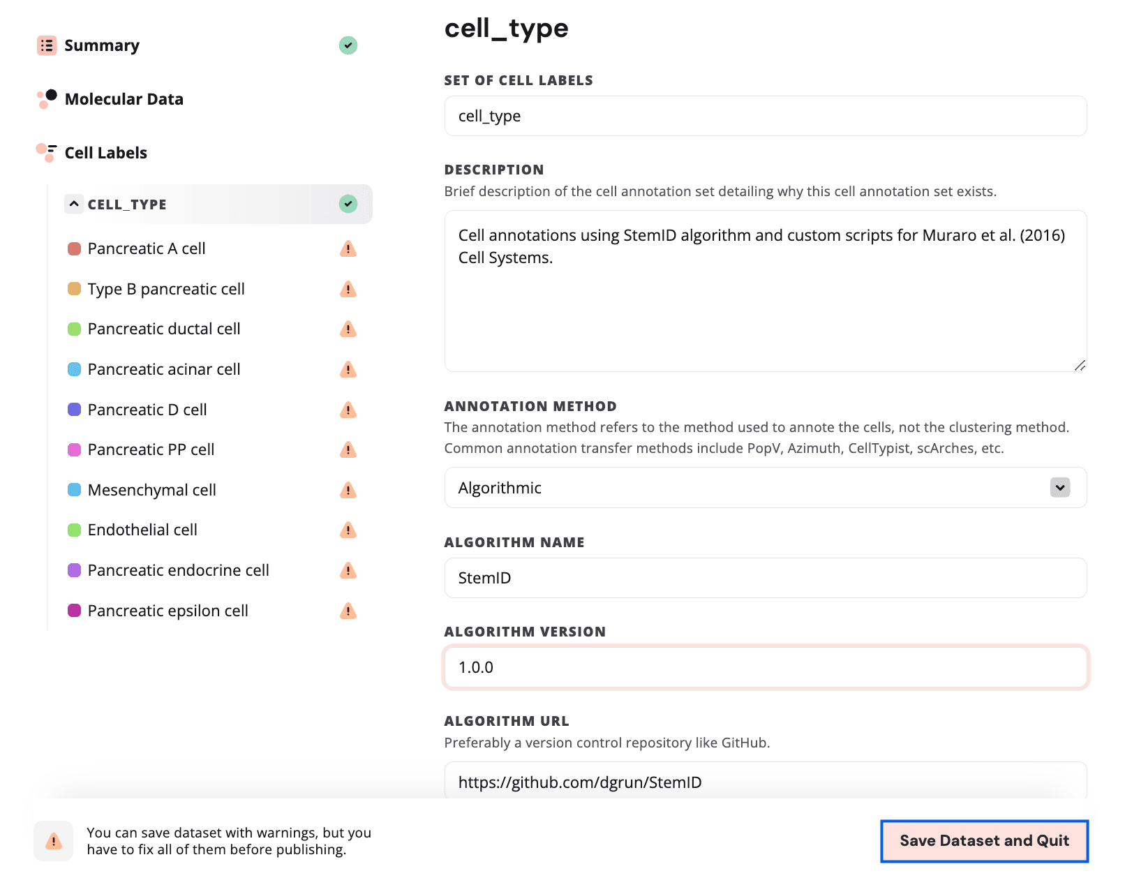 Save dataset and quit button highlighted.
