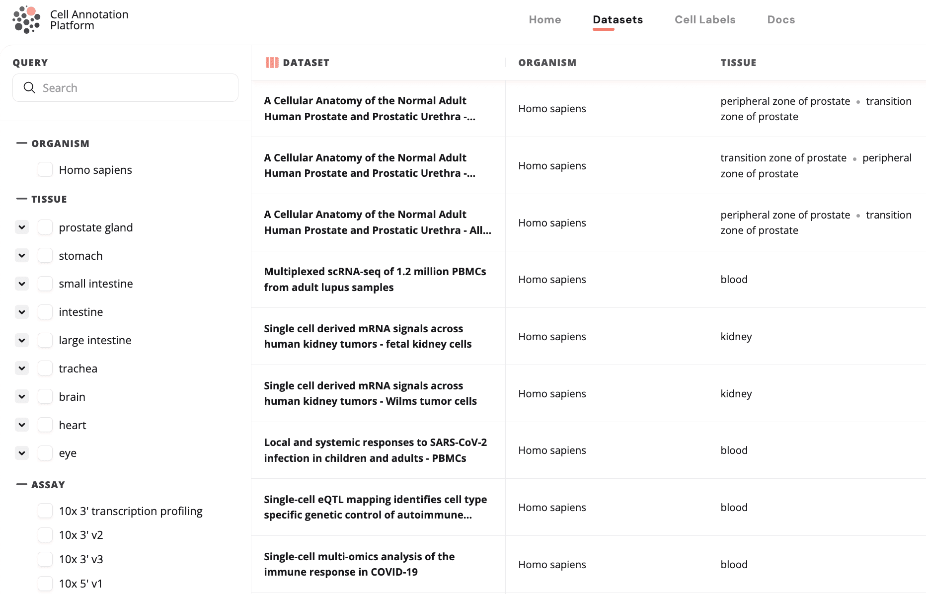 The search filter sidebar on the search page with the assays facet expanded.
