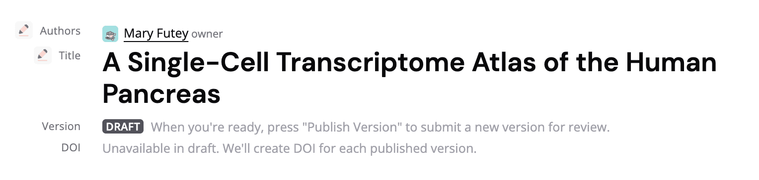 The draft publication with author button highlighted.