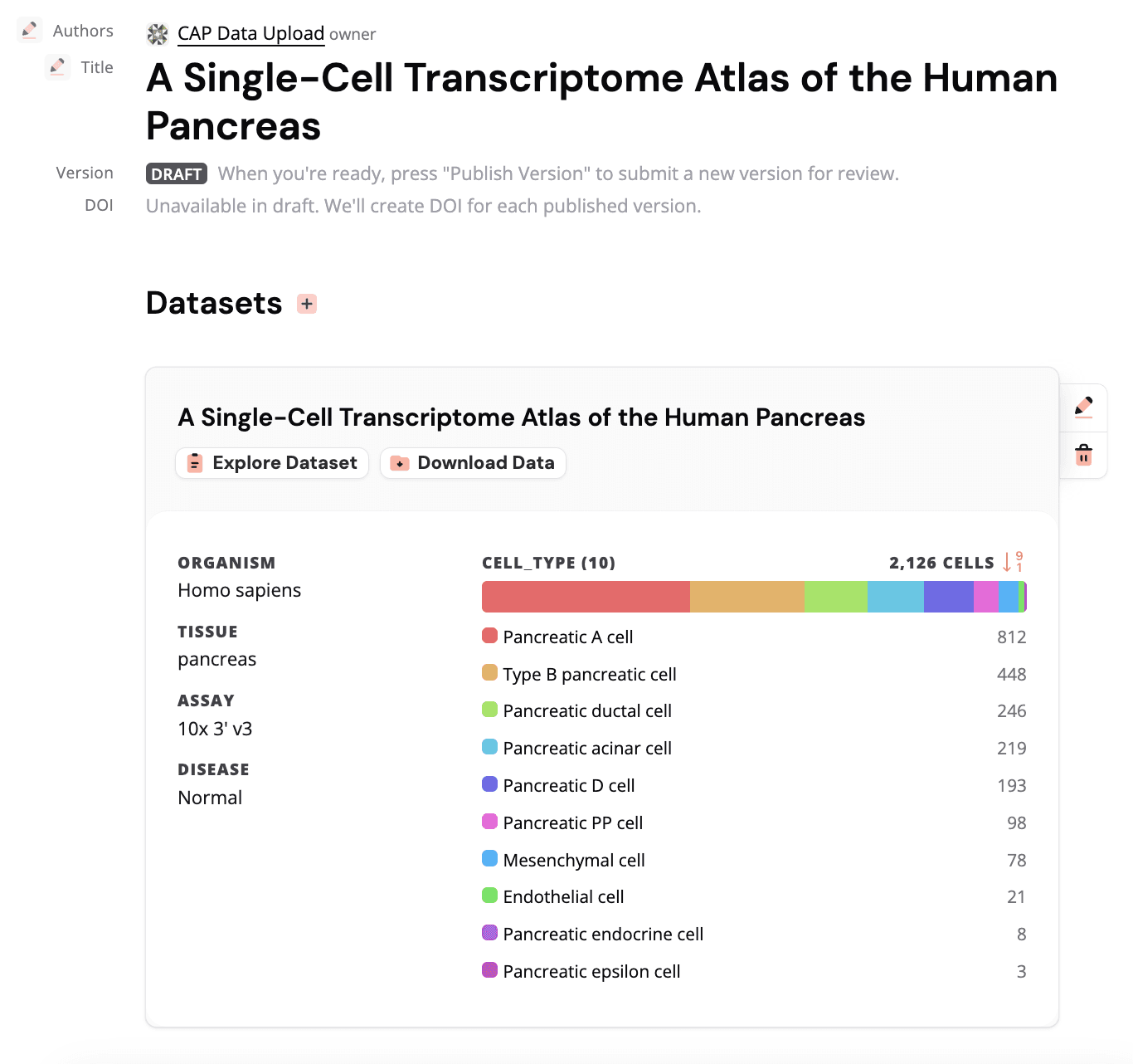 The publication draft page now has a dataset card representing the uploaded dataset. This card can be used to access the full dataset information.